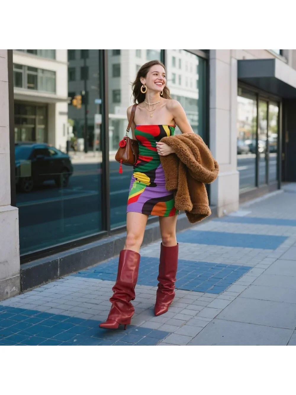 Women's Red Fold Over Point Shark Side Slouchy Hidden Zipper Knee High Boots